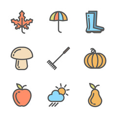 Set of autumn icons. Collection of linear colored symbols with fall objects. Vector illustration