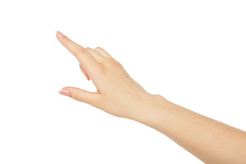 Woman's hand pointing on object with forefinger, crop, cutout - Powered by Adobe