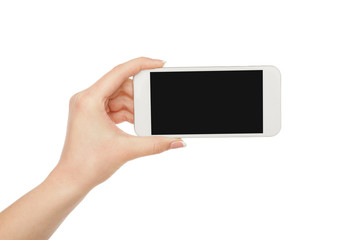 Woman's hand holding mobile phone screen, crop, cut out