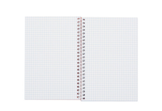 Cuaderno o libreta abierta con dibujo en cuadrícula mostrando una hoja,  aislada sobre fondo blanco Stock Photo