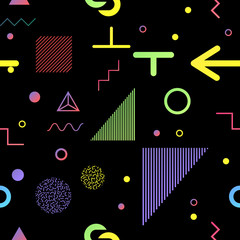 Trendy geometric elements memphis cards, seamless pattern.