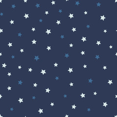 Vector abstract starry seamless pattern on the blue background. Cute dark and light stars.