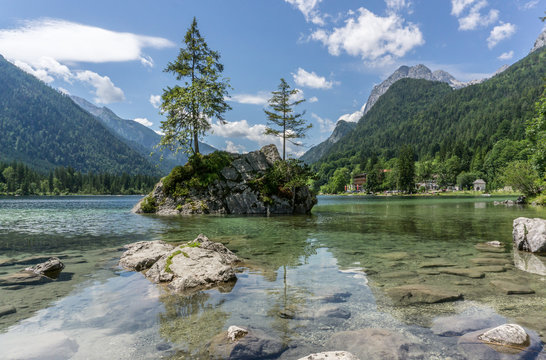 Beautiful picture of a famous mountain lake in bavaria called "Hintersee"
