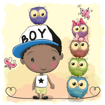 Cute Cartoon Boy and five Owls