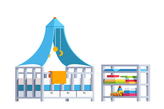 recommend clip art: Kid bedroom with toddler crib, rack and toys