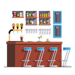 Pub with counter, stools, drinks and glass bottles