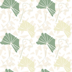 Floral vector seamless pattern with hand drawn  tropical  leaves in pastel colors and geometric background.
