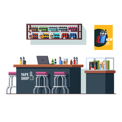 Modern vape shop with counter desk and storefront