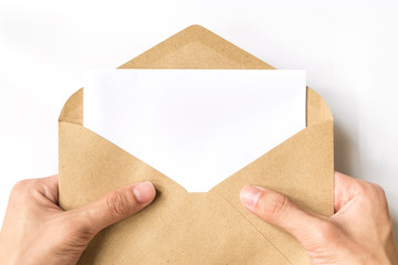hand opening brown Document Envelope with copy space on white background