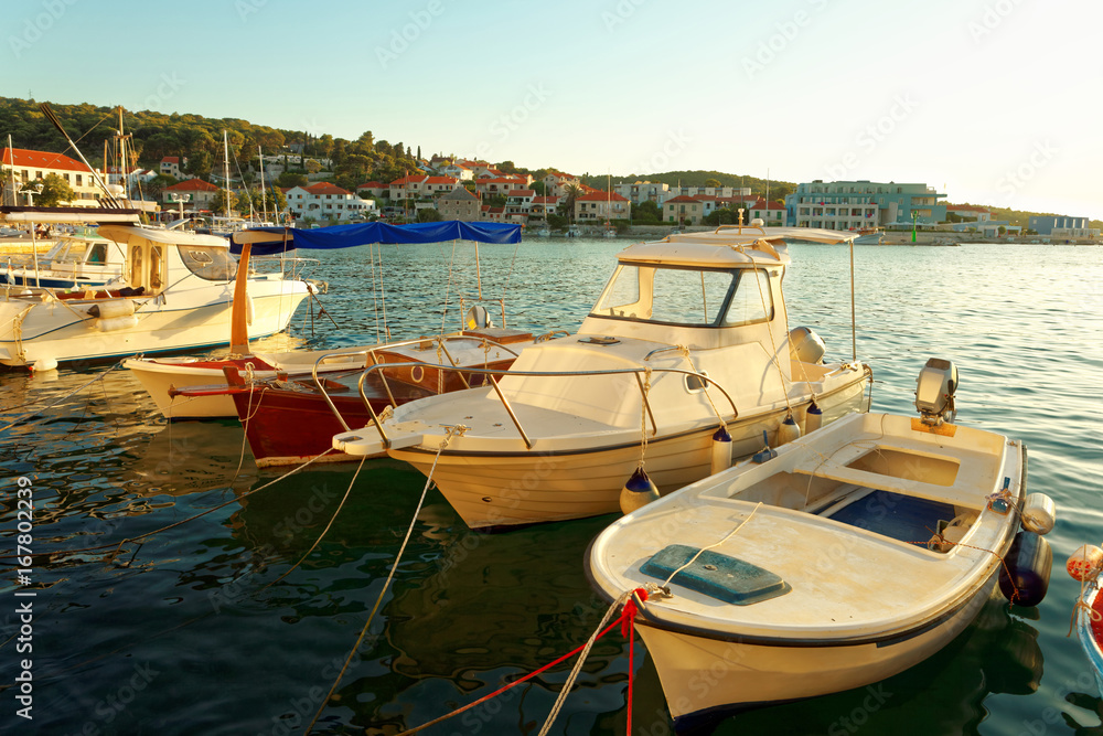 Wall mural Boats in the harbor of a small town Postira - Croatia, island Brac