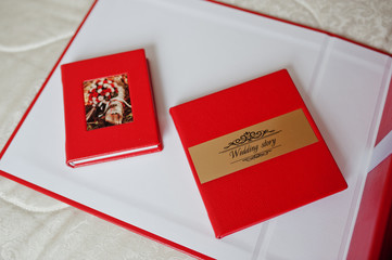 Elegant red wedding photobooks or photo albums with golden inscription on the soft pastel background.