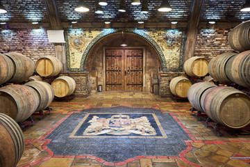 Wine cellar with hungarian crest on the floor