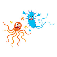 Couple of ugly virus, germ, bacteria characters with spikes and tentacles, cartoon vector illustration on white background. Scary bacteria, virus, germ monsters with human faces and sharp teeth