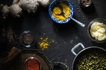 Ingredients of Indian cuisine on the dark background horizontal