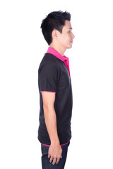 man in black polo shirt isolated on white background (side view)