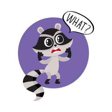 Little raccoon character unpleasantly surprised, exclaiming What, cartoon vector illustration isolated on white background. Little raccoon holding head in paws from disbelief, unpleasant surprised