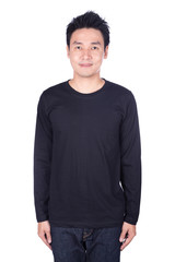 happy man in black long sleeve t-shirt isolated on white background