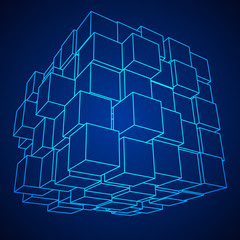Wireframe Mesh Big Data Cube Made of Many Cubes. Connection Structure. Digital Info Visualization Concept. Vector Illustration.