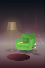 Living room. Lamp illuminate armchair with newspaper. Next to it is a table with cigar and red wine.