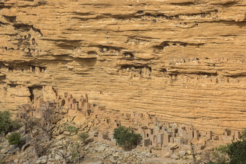 Cliff dwellings along the base of the Bandiagara escarpments, Mali