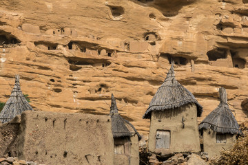 Abandoned cliff dwellings on the Bandiagara escarpment above Teli village, Mali