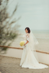 Beautiful brunette bride on a promenade on the waterfront