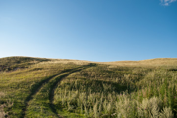 Summer landscape with green grass, road and clouds, concept: road to dream