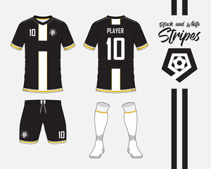 Naklejka premium Soccer jersey or football kit collection in black and white stripes concept. Football shirt mock up. Front and back view soccer uniform. Football logo in flat design. Vector Illustration.