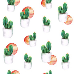 watercolor seamless pattern with green cactus in white pot with orange sun isolated on white background - 167807032