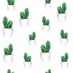 watercolor seamless pattern with green cactus in white pot with orange sun isolated on white background