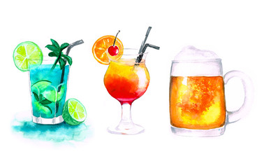 Watercolor three alcohol drinks mojito beer and sunrise - 167807065