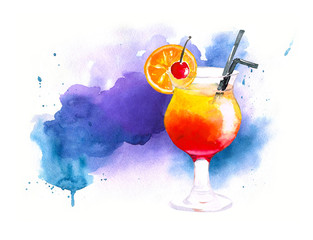 Watercolor coctail tequila sunrise on blue watercolor background - 167807095