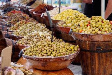 Olives at street market in Arles, France