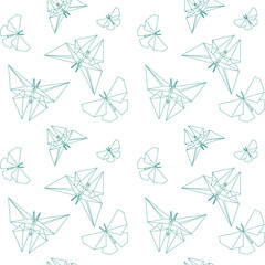 Thin Line Butterfly Paper Origami Style. Vector Seamless Pattern Paper Origami. Japanese Tradition Vector.