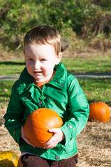 Fototapeta premium Young toddler boy outside holding a pumpkin with pumpkin fields in the background