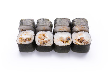 Set of eel rolls isolated on white, closeup
