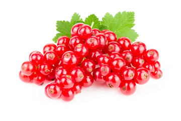 Red currant berries with leaf isolated on white background