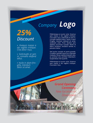 Blue company logo A4 brochure template. Orange red line and circle cyan textbox on indigo background. Flyer layout white demo text. Night party banner, Printing CMYK shopping slogan poster page.