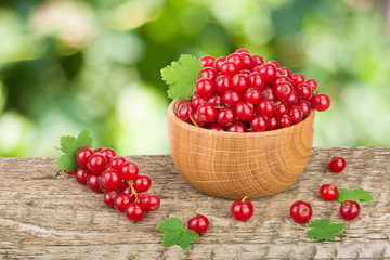 Fototapeta na wymiar Red currant berries in wooden bowl on wooden table with blurry garden background