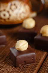 Handmade chocolate bonbons with hazelnut