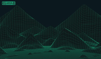 Cyberspace polygonal green mountain vectorial landscape