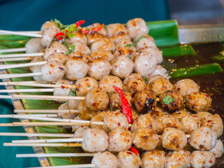 Pork ball topped with delicious banana leaves, Thai food