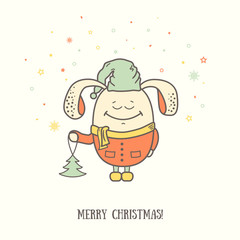 Cute greeting card merry Christmas. Funny cartoon personage in winter clothes, hand drawn character. Minimalistic postcard Xmas and winter holidays