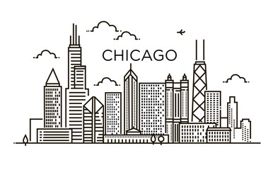 Linear banner of Chicago city. Line art. - obrazy, fototapety, plakaty