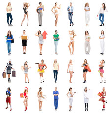Group of many different, beautiful, young ladies. Collection set  isolated on white background. Different occupation concept.