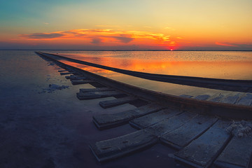 Beauty sunset on salty lake