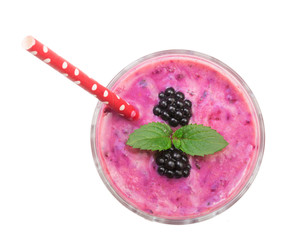 blackberry yogurt or smoothie with mint leaves isolated on white background. Top view. Healthy Eating