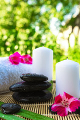 Fototapeta na wymiar Candles, flowers, stones on a background of greenery for spa massage relaxation