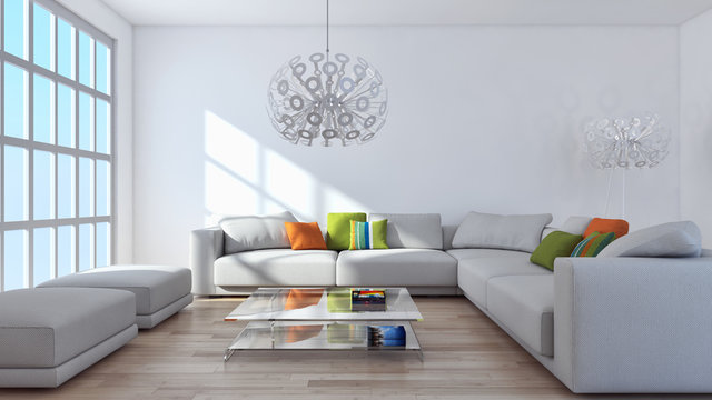Modern bright living room, with white wall, interiors. 3D rendering