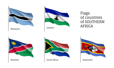 Southern Africa flag set. Historical, cultural unique and important state element, travel agency and tourism advertising poster. Illustration on white background